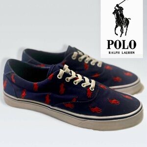 Ralph Lauren Navy Canvas Sneakers with Red Pony Embroidery